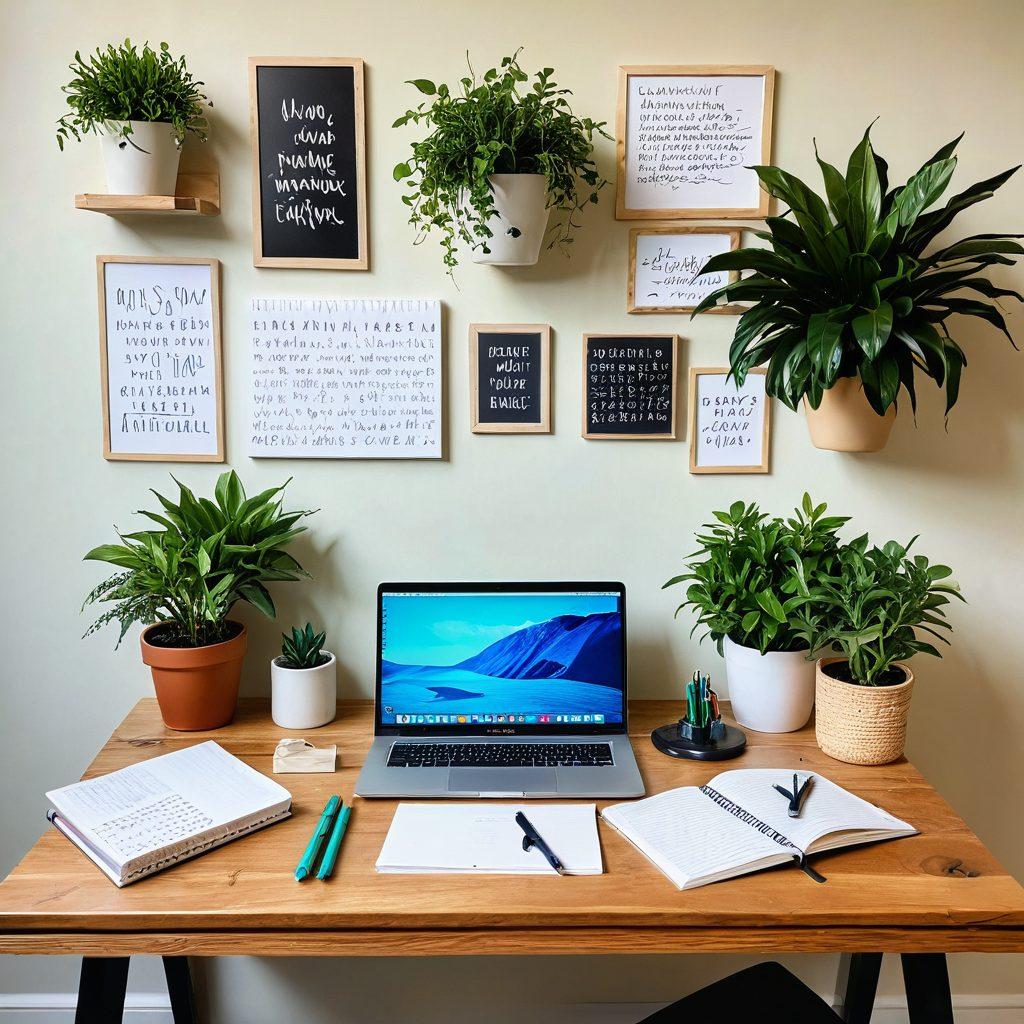 A beautifully designed workspace filled with creative tools, like a laptop, notebooks, and colorful pens. The background features a wall of inspiring quotes about digital content creation and lifestyle. A plant adds a touch of nature, contrasting with tech elements, symbolizing a blend of personal and professional growth. The scene should exude creativity and inspiration. super-realistic. vibrant colors. soft lighting.