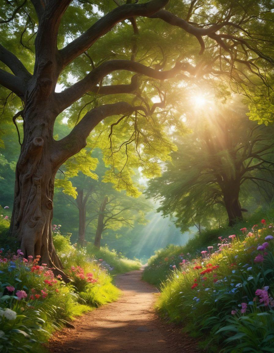 A serene landscape featuring a winding path leading through a vibrant forest filled with inspirational signs and symbols of personal development. Include elements like a glowing light bulb, blooming flowers, and a silhouette of a person meditating under a tree, symbolizing wellness. The atmosphere should be calm and uplifting, inviting readers to embark on their personal journey of growth. super-realistic. vibrant colors. soft focus.